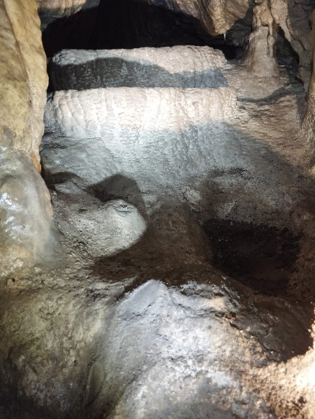 Gours terminaux de la galerie partant au S-O de la Salle
La présence de stalagmites cassées et peut-être d'une plateforme aménagée au pied des gours (à droite du cliché) suggèrerait l'existence d'un point de prélèvement d'eau dans le passé (voir Plan ASCO, galerie de la cote -24,5 m).
Fichier manquant