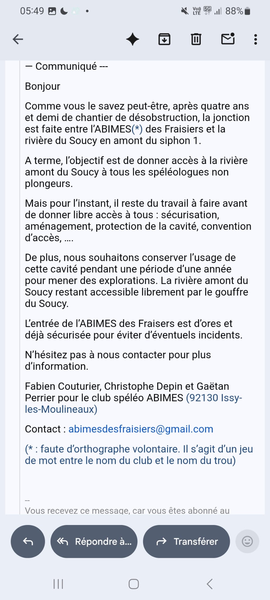 Avis de fermeture temporaire
Le puits est fermé pour une durée d'un an (accès réservé au groupe ayant participé à la désobstruction).
Fichier manquant